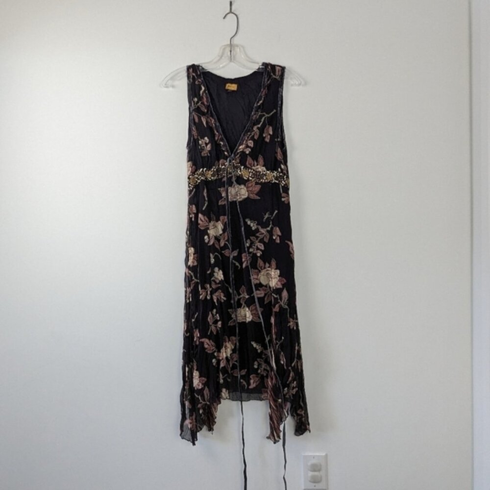 Womens Stefanel Floral Beaded Asymmetrical Silk Dress Vintage Size 46